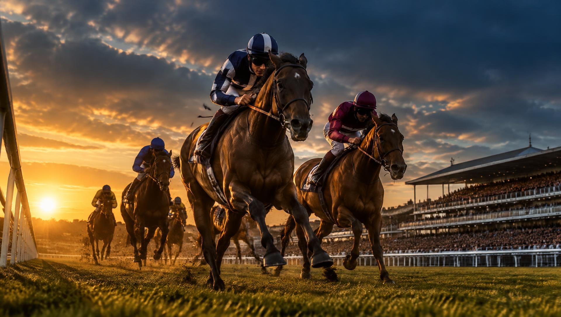 Racehorses galloping at an English racecourse